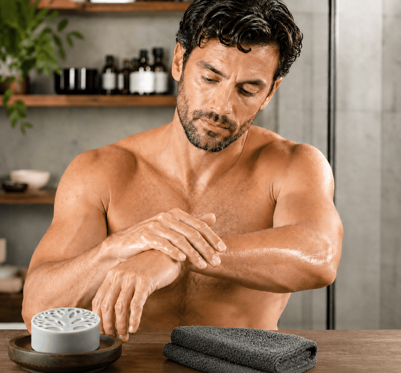 Sophisticated man applying Tea-Licious men’s solid lotion bar to his forearm in a modern bathroom, showing real skin texture and healthy moisturized skin with a masculine grooming routine.