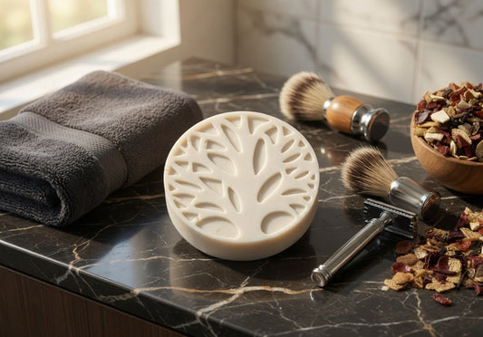 Tea-Licious Skincare men’s solid lotion bar displayed on a black marble bathroom countertop beside a towel, shaving brush, razor, and loose black tea, highlighting a waterless moisturizer for dry skin and daily hydration.