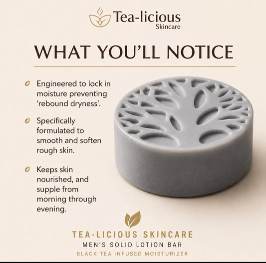 Men’s gray solid lotion bar with key benefits highlighting lasting moisture and skin barrier support.