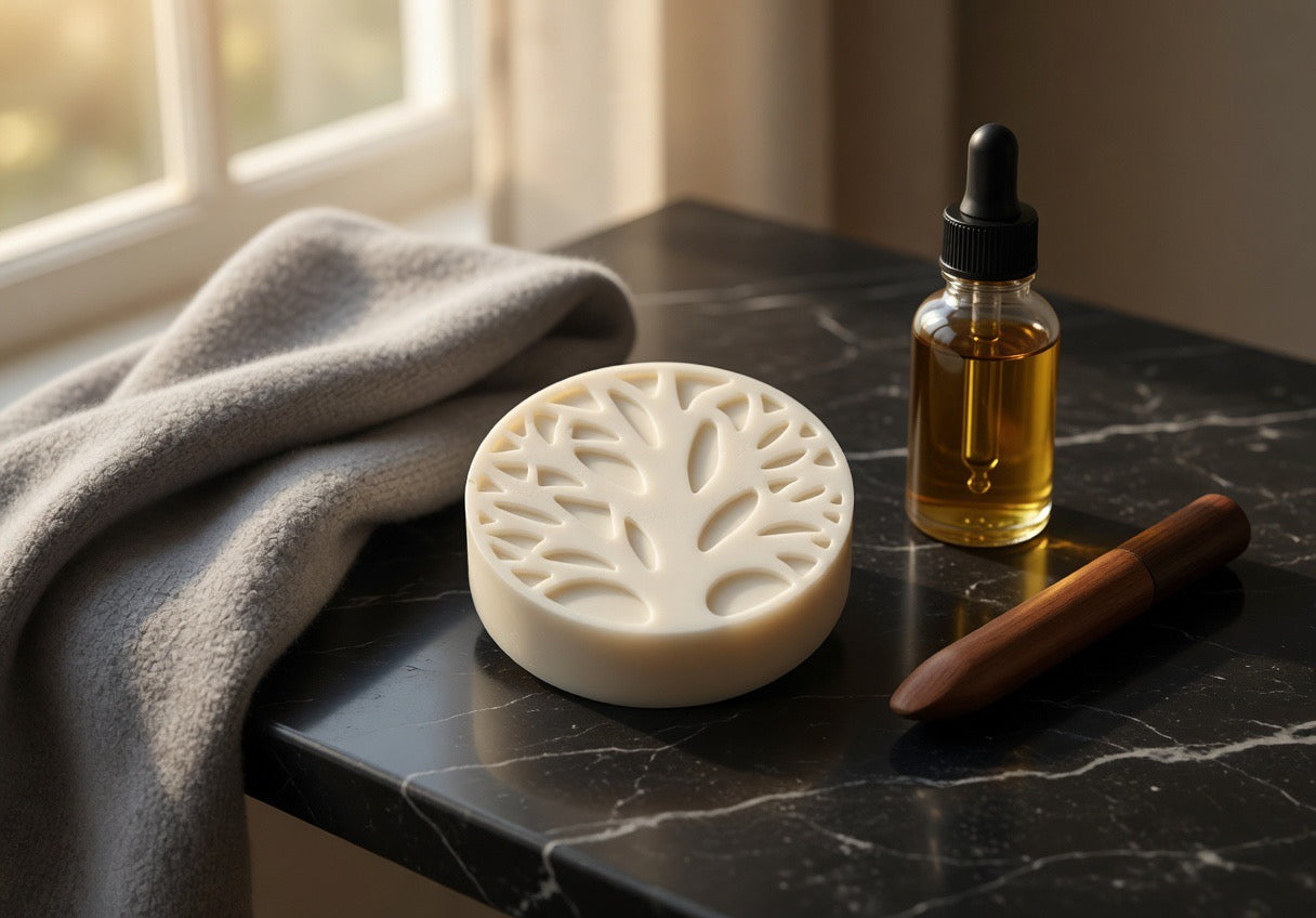 Tea-Licious Skincare men’s solid lotion bar displayed on a black marble countertop beside a folded towel and botanical oil bottle, showcasing a waterless black tea infused moisturizer for dry skin.