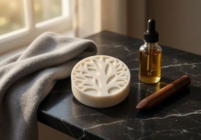 Tea-Licious Skincare men’s solid lotion bar displayed on a black marble countertop beside a folded towel and botanical oil bottle, showcasing a waterless black tea infused moisturizer for dry skin.