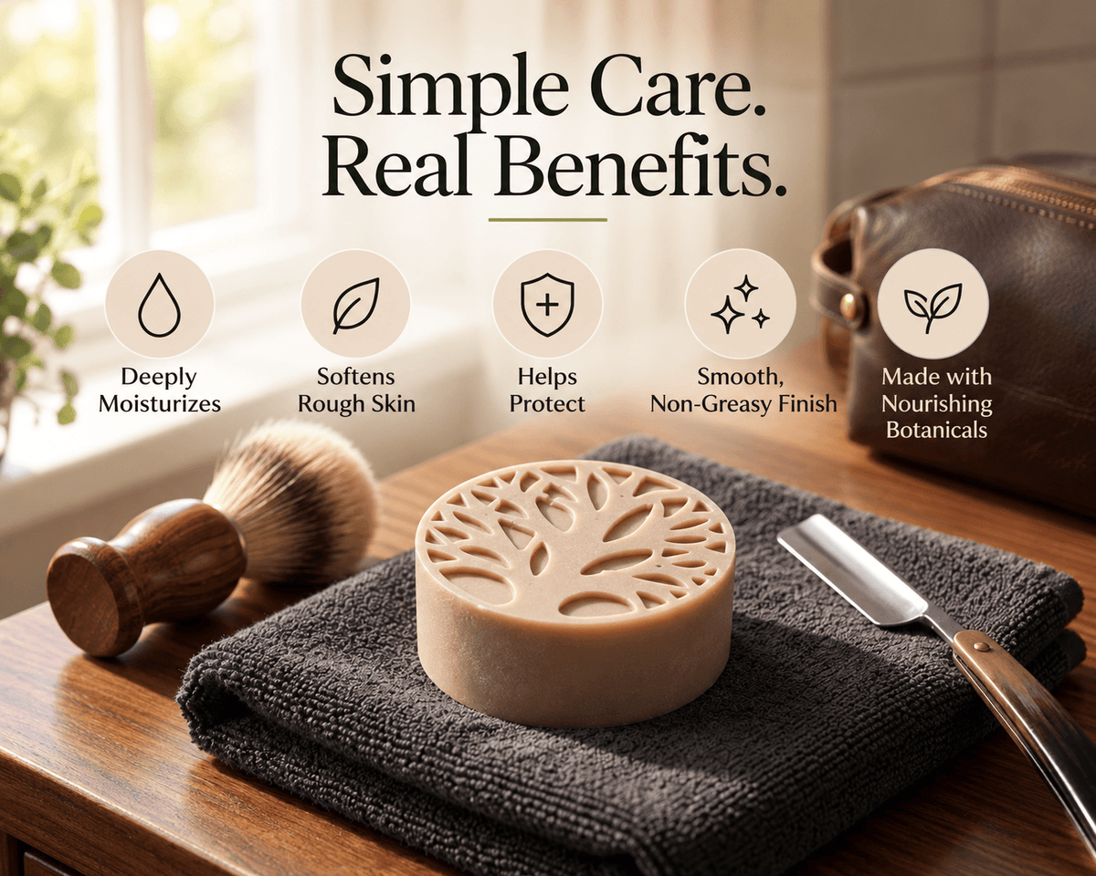 Tea-Licious Skincare Men’s Solid Lotion Bar held in weathered hands with benefits highlighting moisture retention, smoother rough skin, and all-day nourishment from black tea infused hydration.