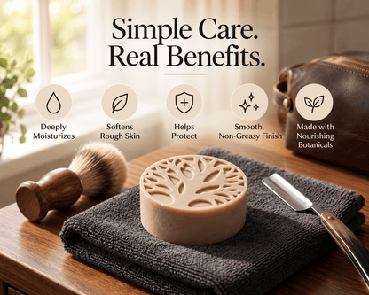 Tea-Licious Skincare Men’s Solid Lotion Bar held in weathered hands with benefits highlighting moisture retention, smoother rough skin, and all-day nourishment from black tea infused hydration.