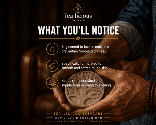Tea-Licious Skincare Men’s Solid Lotion Bar held in weathered hands with benefits highlighting moisture retention, smoother rough skin, and all-day nourishment from black tea infused hydration.