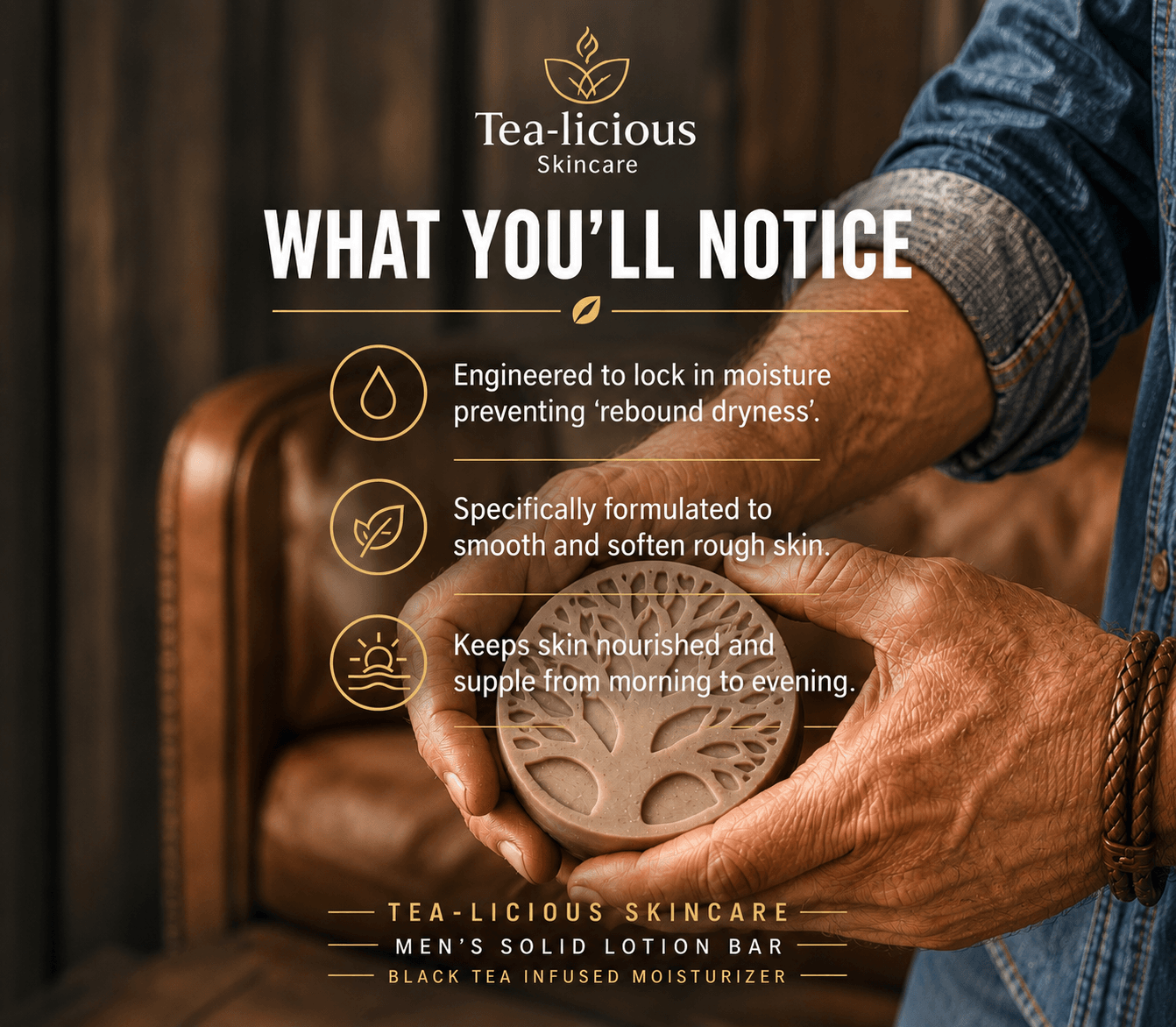 Tea-Licious Skincare Men’s Solid Lotion Bar held in weathered hands with benefits highlighting moisture retention, smoother rough skin, and all-day nourishment from black tea infused hydration.