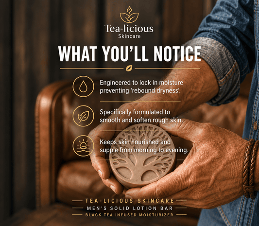 Tea-Licious Skincare Men’s Solid Lotion Bar held in weathered hands with benefits highlighting moisture retention, smoother rough skin, and all-day nourishment from black tea infused hydration.