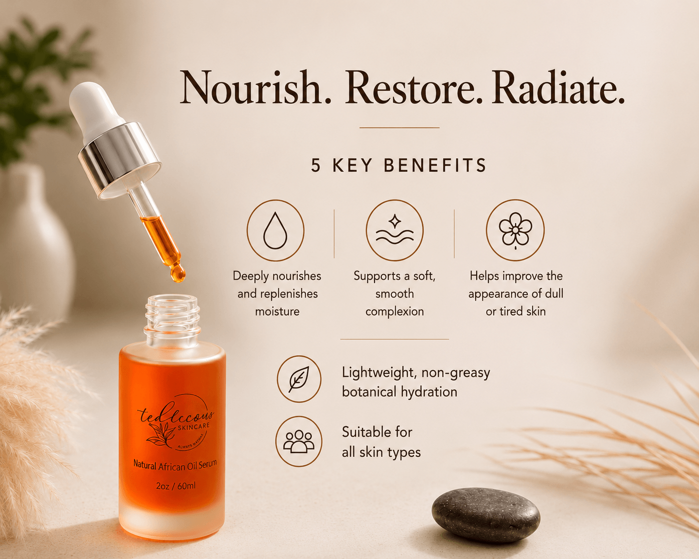 Natural African Oil Serum with five skin benefits in warm spa-inspired natural morning light
