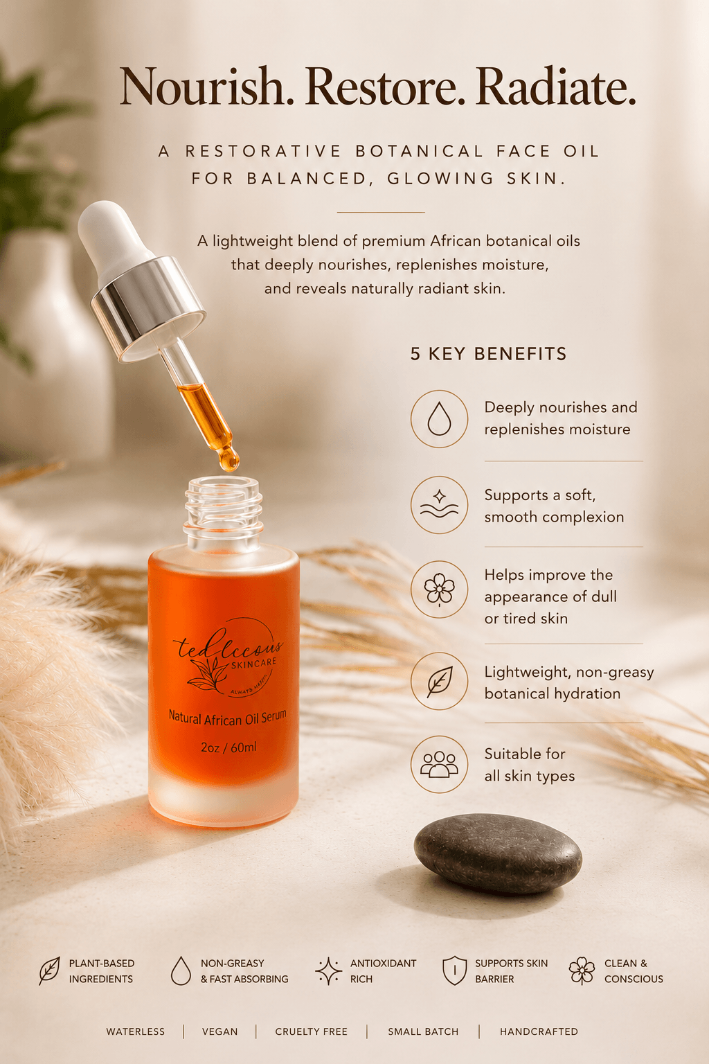 Natural African Oil Serum with five skin benefits in warm spa-inspired natural morning light