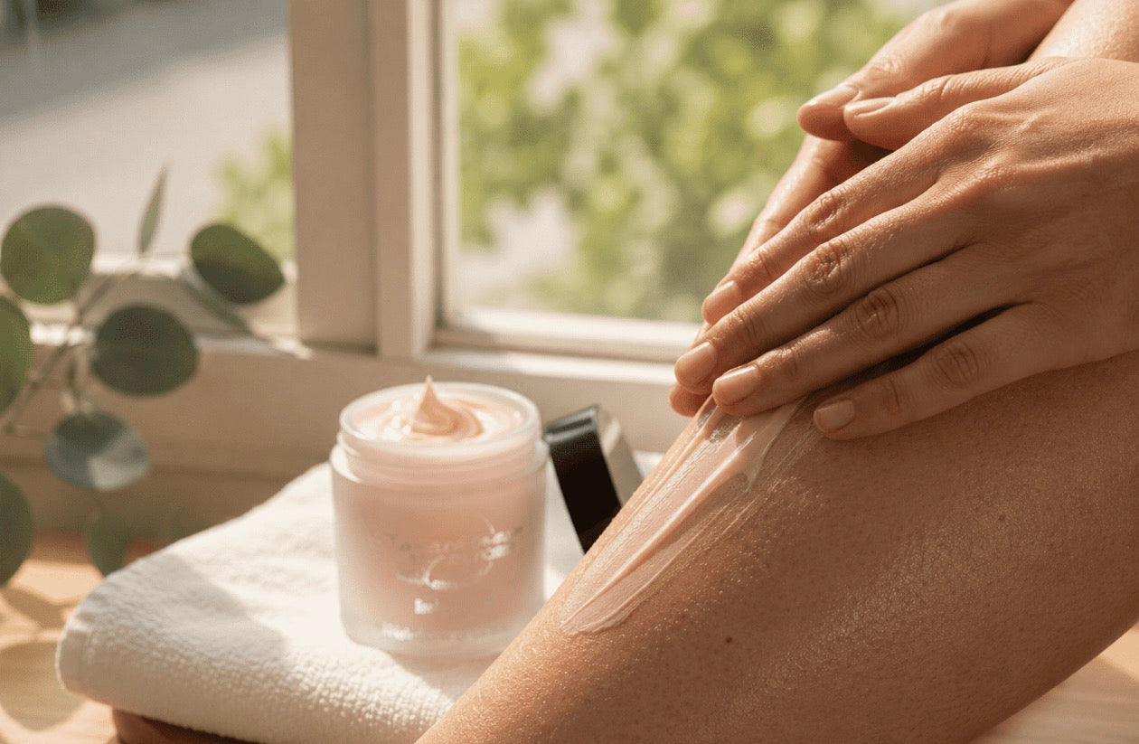 Tea-licious nourishing body cream being applied to skin in warm natural light showing real skin texture.