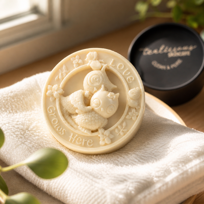 Round cream-colored artisan lotion bar featuring a detailed carved owl couple nestled together, encircled by delicate flowers with the raised text “Love Grows Here” along the border, resting on a soft white towel.