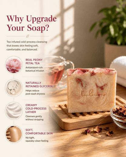 Peony petal tea and ylang ylang soap benefits infographic highlighting glycerin, creamy lather and skin comfort.