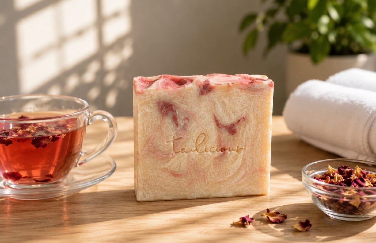 Tea-infused peony tea and Ylang Ylang soap beside brewed tea and rose petals in warm natural morning sunlight scene.