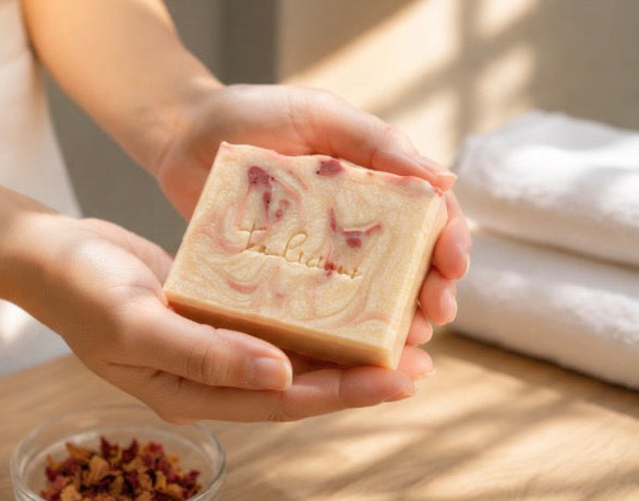 Hand holding a square bar of peony tea and ylang ylang soap with visible branding on a wooden surface.