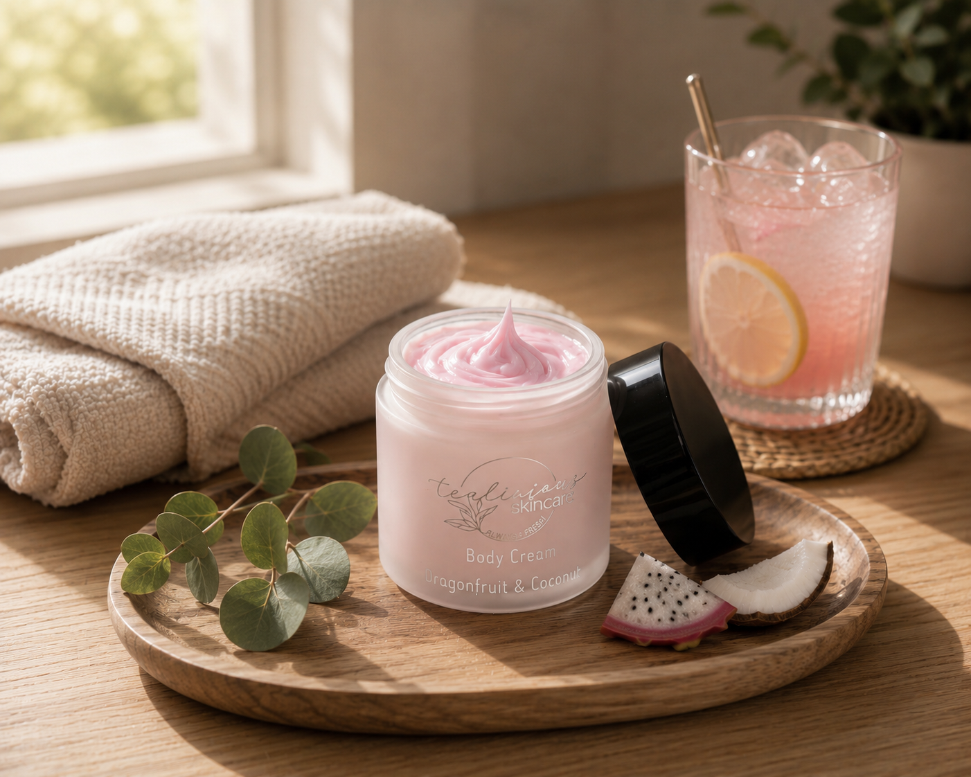 Pink body cream jar on a wooden tray with a glass of lemonade and towel in the background