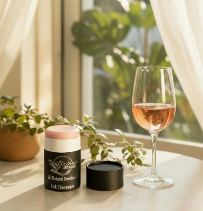 Tea-licious Skincare Pink Champagne baking soda free deodorant displayed next to a glass of rosé wine, capturing a high-end lifestyle aesthetic.