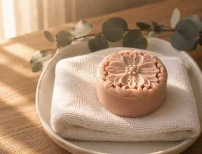 A round, pink artisan lotion bar from Tea-licious Skincare featuring an intricate floral carving, resting on a white washcloth and ceramic plate.