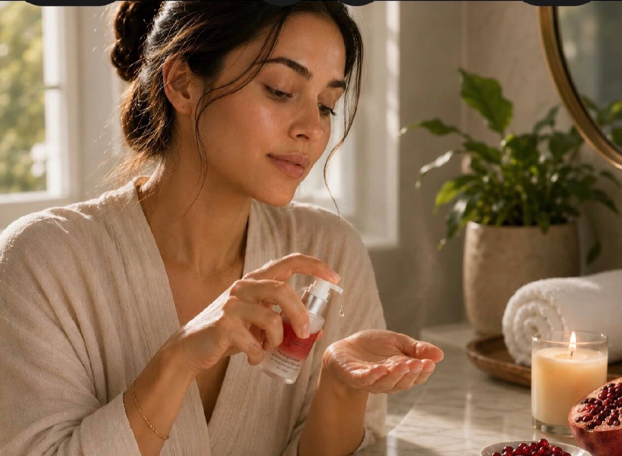 Woman applying Tea-licious Pomegranate Antioxidant Serum in warm spa bathroom with soft morning light
