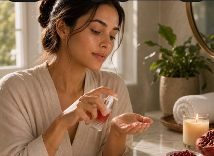 Woman applying Tea-licious Pomegranate Antioxidant Serum in warm spa bathroom with soft morning light