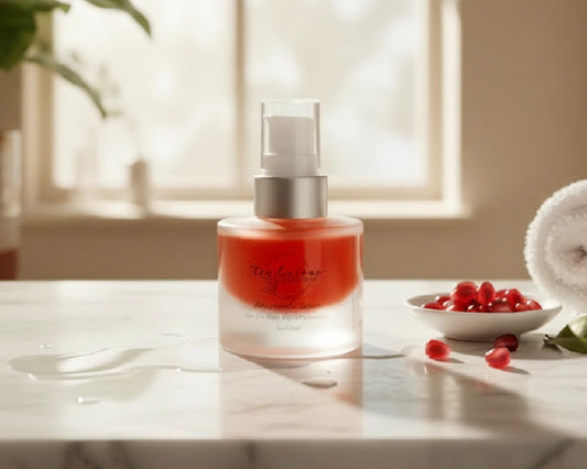 Tea-licious pomegranate antioxidant serum on marble vanity with pomegranate accents in soft light