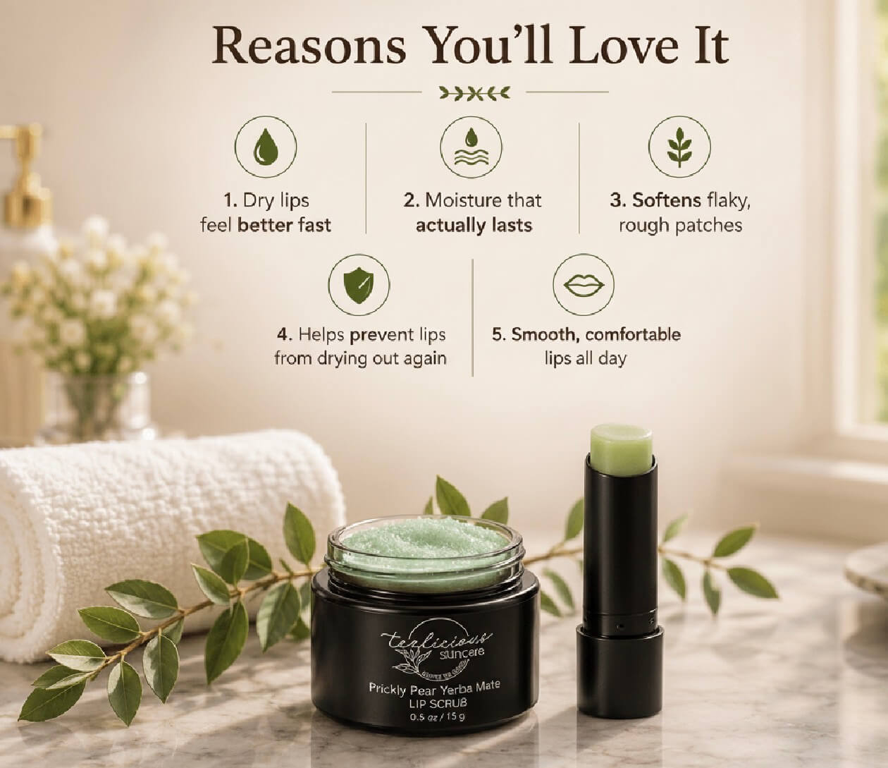 Prickly Pear Yerba Mate lip balm and lip scrub with lip care benefits in a spa-inspired setting.