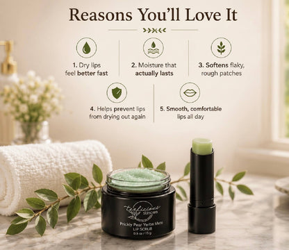 Prickly Pear Yerba Mate lip balm and lip scrub with lip care benefits in a spa-inspired setting.