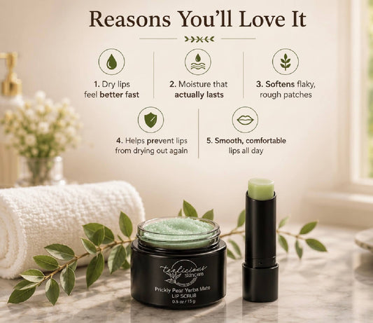 Prickly Pear Yerba Mate lip balm and lip scrub with lip care benefits in a spa-inspired setting.
