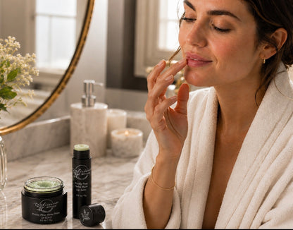 Woman applying Tea-licious Prickly Pear Yerba Mate lip balm in elegant bathroom morning light