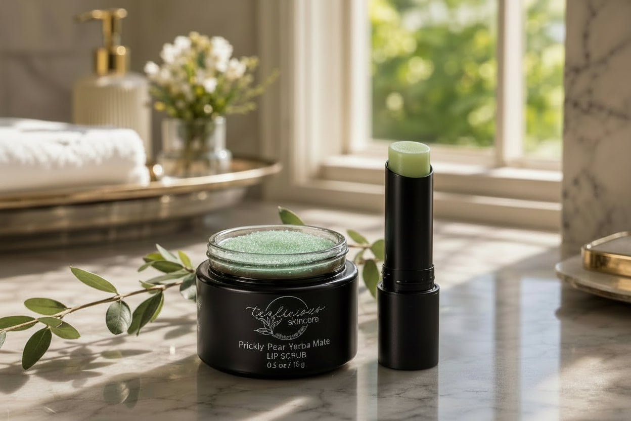 Tea-licious Prickly Pear Yerba Mate lip scrub and lip balm in elegant bathroom morning sunlight
