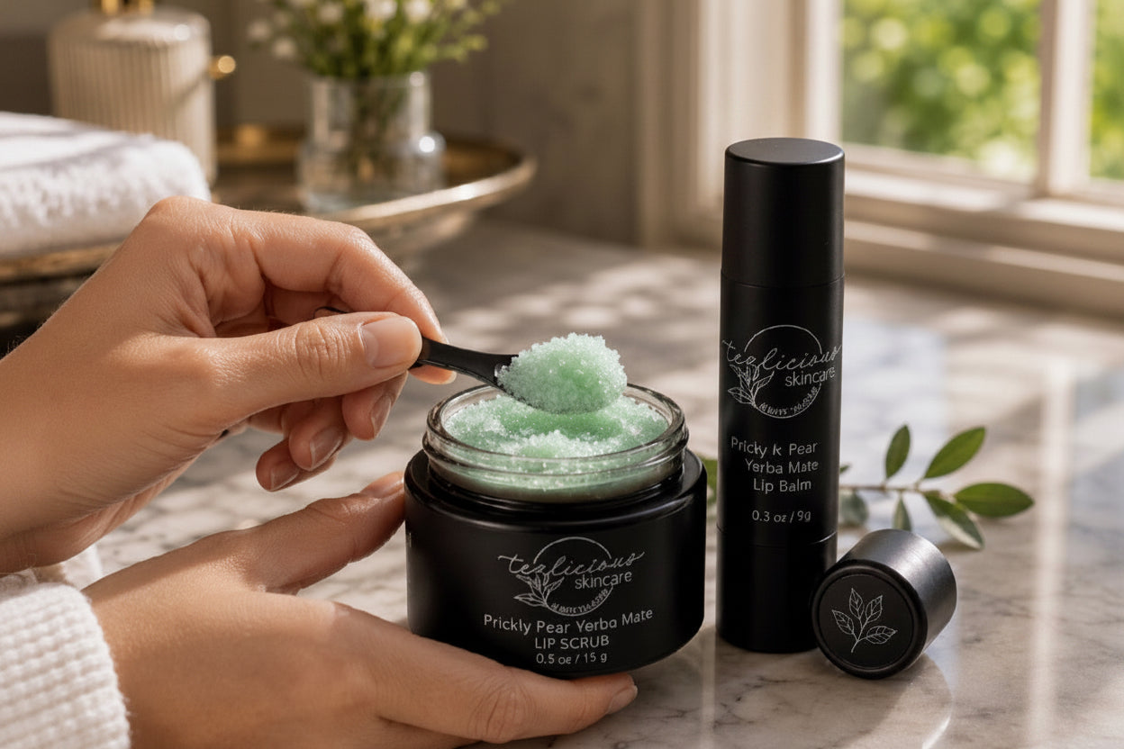 Hand scooping Tea-licious Prickly Pear Yerba Mate lip scrub showing sugar texture in morning light