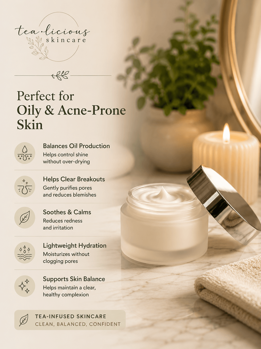 Tea-licious skincare ingredient infographic featuring soothing botanicals and barrier-supporting skincare ingredients.