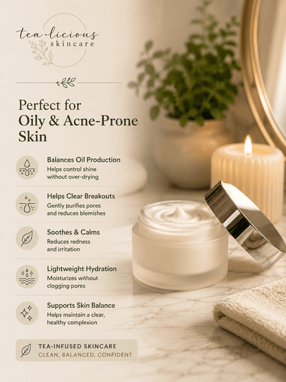 Tea-licious skincare ingredient infographic featuring soothing botanicals and barrier-supporting skincare ingredients.