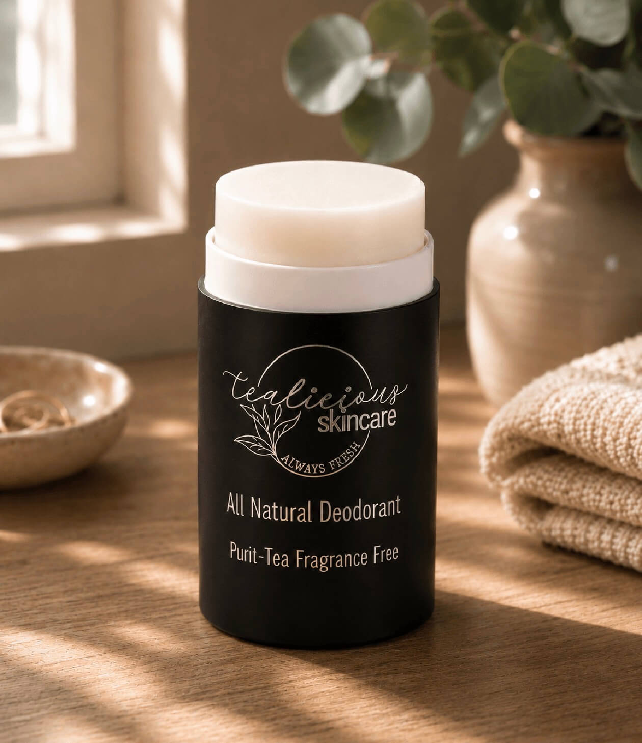 Tea-licious Skincare Puri-Tea fragrance free baking soda free deodorant displayed in a clean, high-end lifestyle aesthetic with warm morning light.