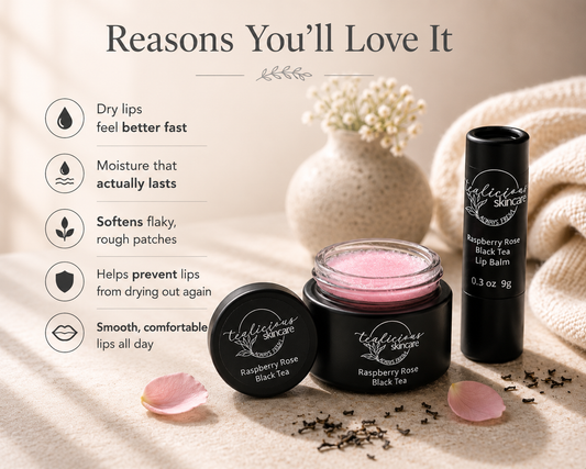 Raspberry Rose Black Tea lip balm and scrub with lip care benefits in elegant spa setting.