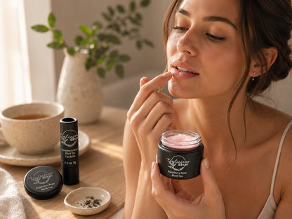 A woman applying Tea-licious Skincare Raspberry Rose Black Tea lip scrub from a black jar. The scene features a professional homestyle aesthetic with soft morning light and includes a matching lip balm and tin on a wooden table alongside a cup of tea.