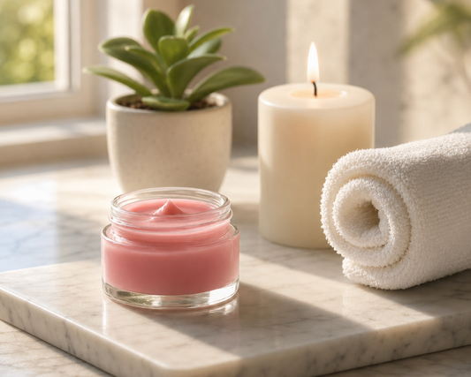 Tea-licious pink rose balm on marble spa vanity with candle, towel, and soft natural morning light