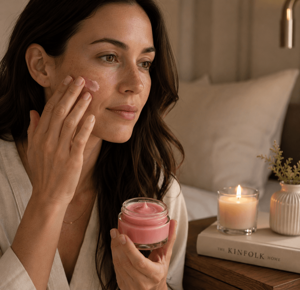 Woman applying Tea-licious rose balm serum to cheeks with real skin texture in warm bedside lighting