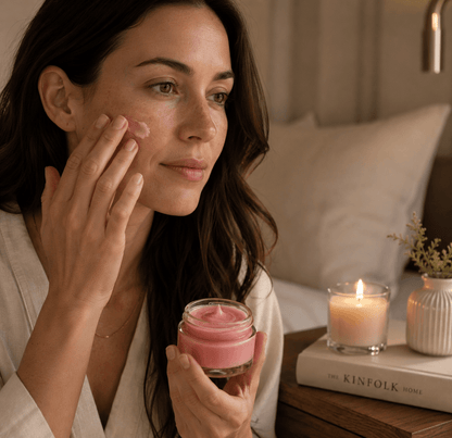 Woman applying Tea-licious rose balm serum to cheeks with real skin texture in warm bedside lighting