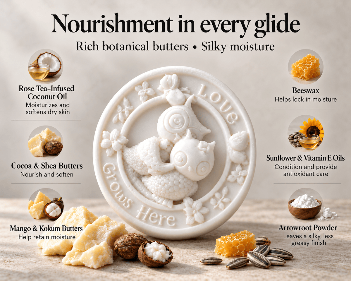 Tea-licious white Rose Petal Massage Bar with two owls and “Love Grows Here” lettering, surrounded by botanical ingredients. Heading: “Nourishment in every glide. Rich botanical butters • Silky moisture.” Ingredient benefits: rose tea-infused coconut oil moisturizes and softens dry skin; cocoa and shea butters nourish and soften; mango and kokum butters help retain moisture; beeswax helps lock in moisture; sunflower and vitamin E oils condition and provide antioxidant care; arrowroot powder leaves a silky, 