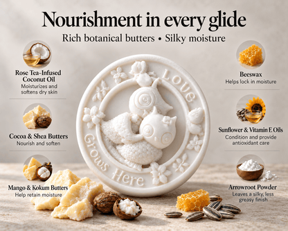 Tea-licious white Rose Petal Massage Bar with two owls and “Love Grows Here” lettering, surrounded by botanical ingredients. Heading: “Nourishment in every glide. Rich botanical butters • Silky moisture.” Ingredient benefits: rose tea-infused coconut oil moisturizes and softens dry skin; cocoa and shea butters nourish and soften; mango and kokum butters help retain moisture; beeswax helps lock in moisture; sunflower and vitamin E oils condition and provide antioxidant care; arrowroot powder leaves a silky, 