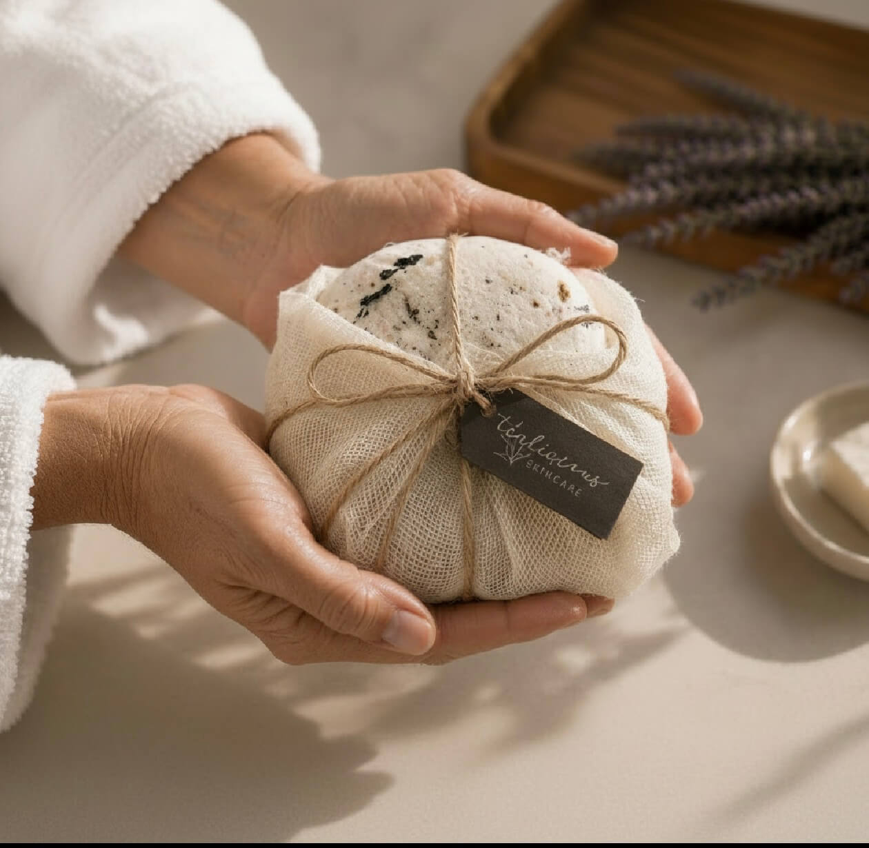 Hands holding Tea-licious rose petal tea soap wrapped in natural fabric with twine and gift tag in warm spa lighting.