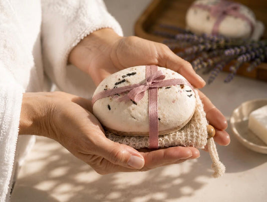 Hands holding Tea-licious rose petal tea soap wrapped with ribbon on a natural soap saver in warm spa lighting.