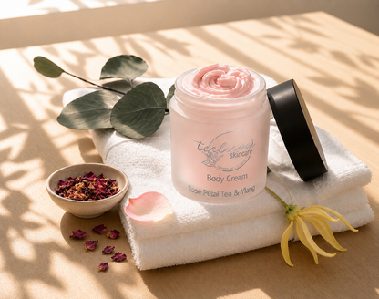 Tea-licious Rose Petal Tea & Ylang body cream with rose petals and ylang flower in soft morning light.