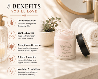 Rose Petal Tea & Ylang Ylang body cream with five benefits shown on a luxury bathroom counter.