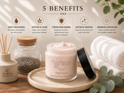 Tea-licious skincare Rose Petal Tea & Ylang Ylang body cream with five benefits in a soft spa bathroom scene.
