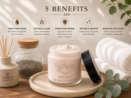 Tea-licious skincare Rose Petal Tea & Ylang Ylang body cream with five benefits in a soft spa bathroom scene.