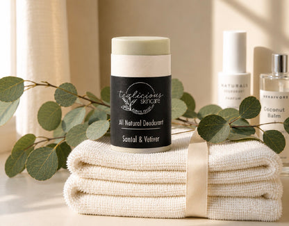 Tea-licious Skincare Santal & Vetiver baking soda free deodorant styled in a warm, minimalist setting with soft morning light.