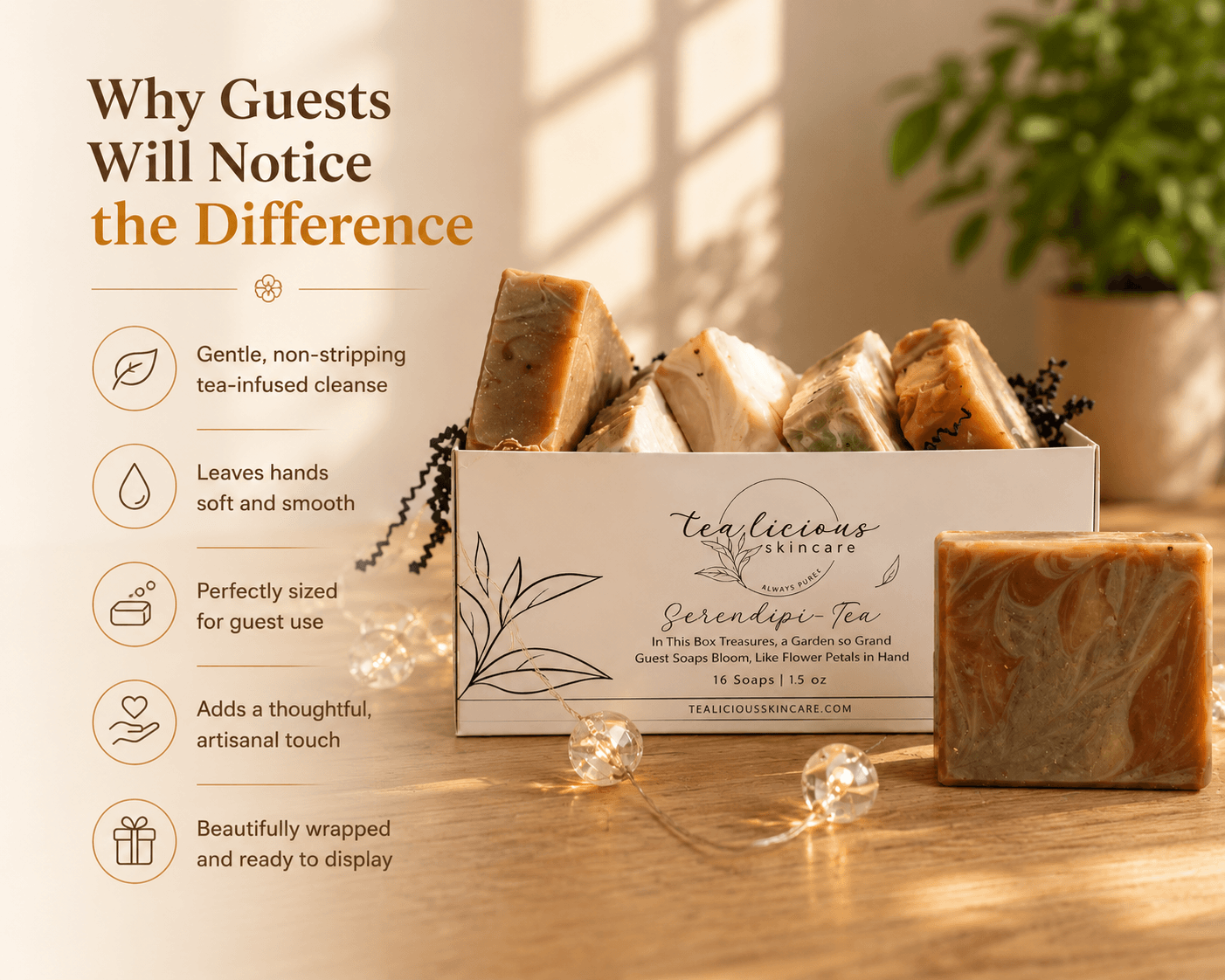 Tea-infused guest soap collection with artisan bars showcasing gentle cleansing and soft skin care.