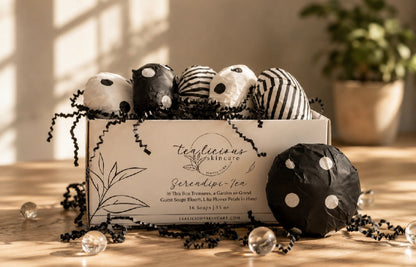 Serendipi-Tea guest soaps gift box displayed in warm natural light with elegant gift packaging.