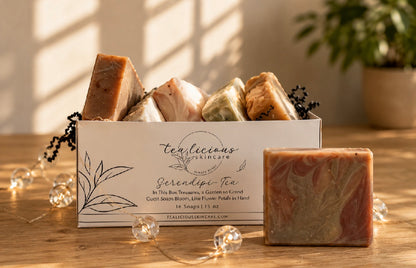 Serendipi-Tea artisan soap collection gift box displayed in warm natural morning sunlight scene