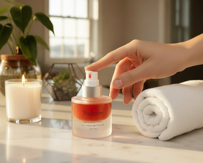 Hand dispensing Tea-licious serum pump beside candle and towel in warm skincare lifestyle setting